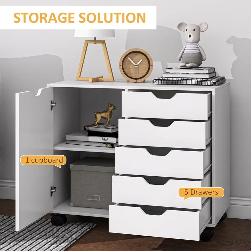 Mobile 5-Drawer Filing Cabinet, Door, Adjustable Shelf, Rolling
