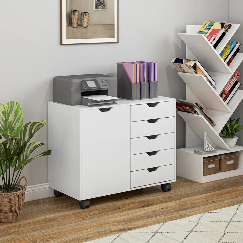 Mobile 5-Drawer Filing Cabinet, Door, Adjustable Shelf, Rolling