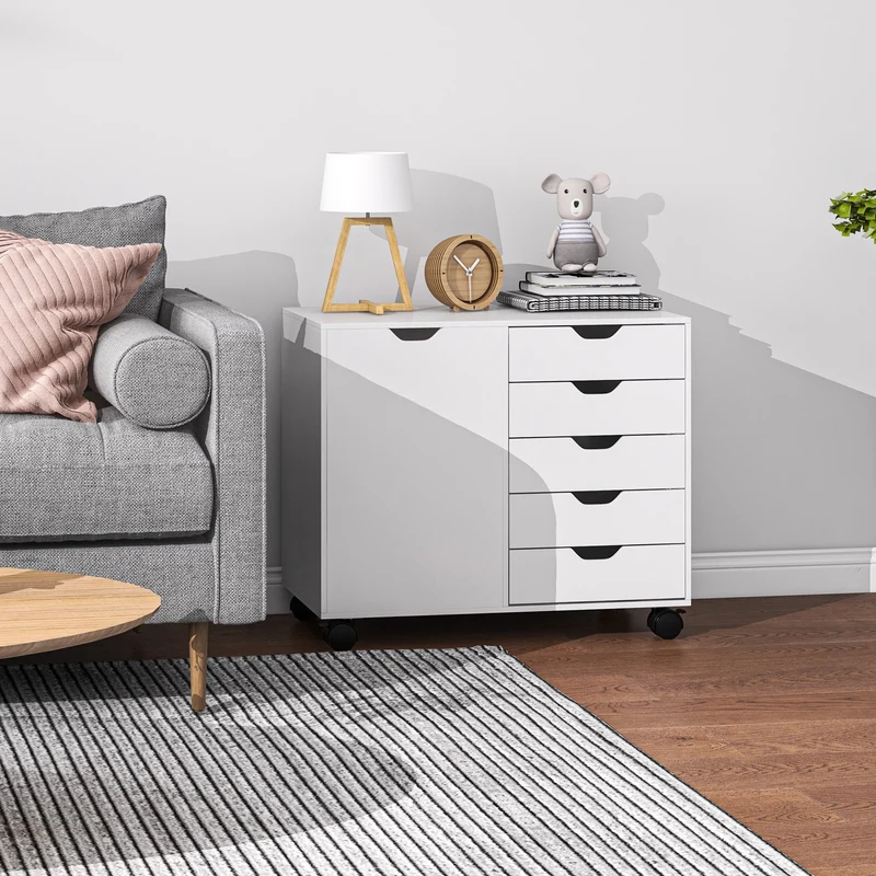 Mobile 5-Drawer Filing Cabinet, Door, Adjustable Shelf, Rolling