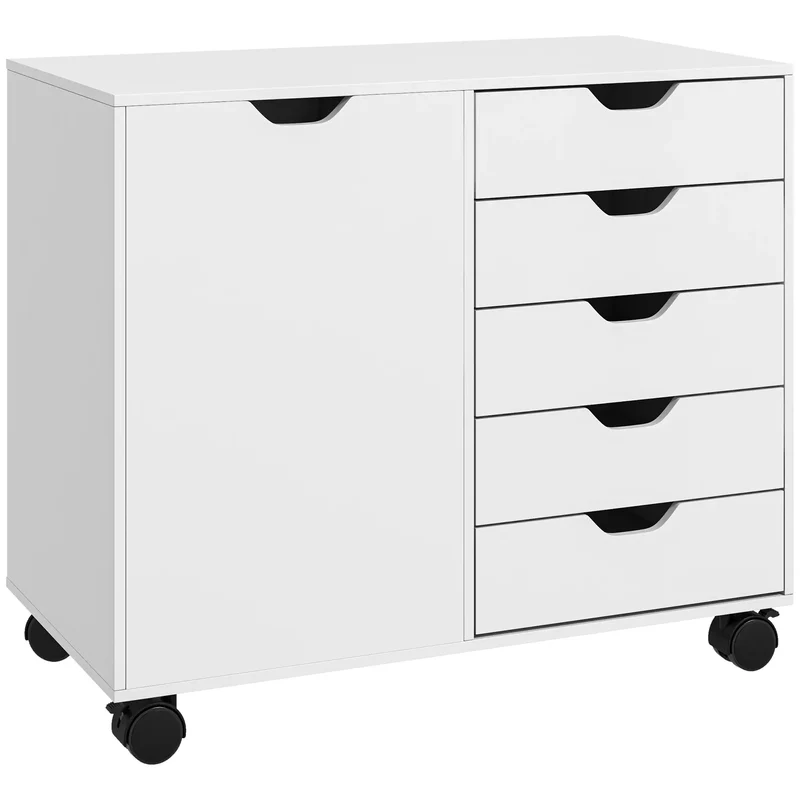 Mobile 5-Drawer Filing Cabinet, Door, Adjustable Shelf, Rolling