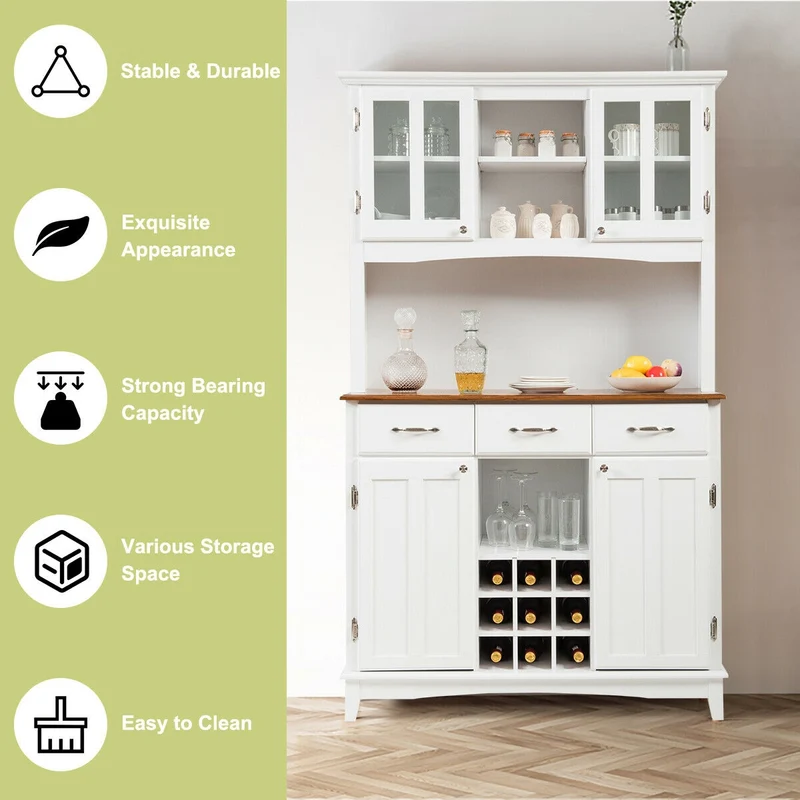Wood Buffet Hutch Cabinet, 3 Large Drawers, White