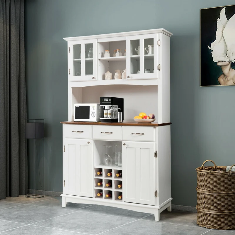 Wood Buffet Hutch Cabinet, 3 Large Drawers, White