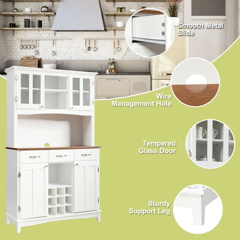 Wood Buffet Hutch Cabinet, 3 Large Drawers, White
