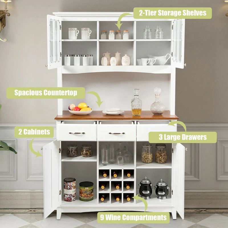Wood Buffet Hutch Cabinet, 3 Large Drawers, White