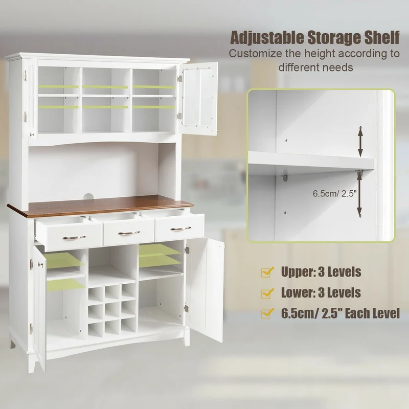 Wood Buffet Hutch Cabinet, 3 Large Drawers, White
