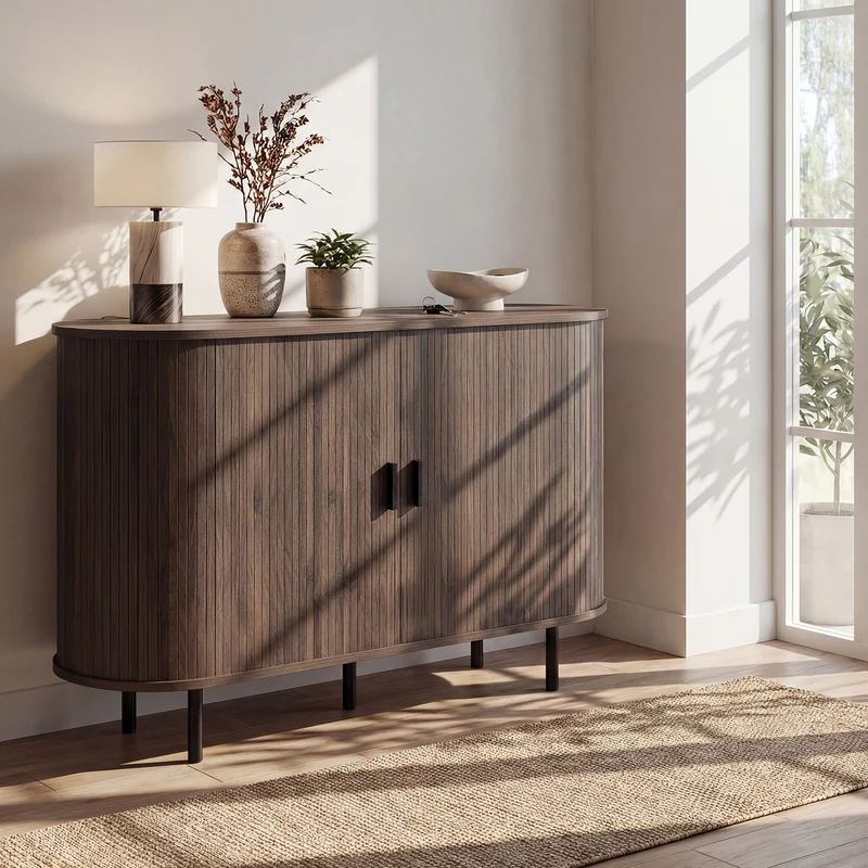 47 Inch Fluted Sideboard Buffet Cabinet, Tambour Sliding Doors, Walnut