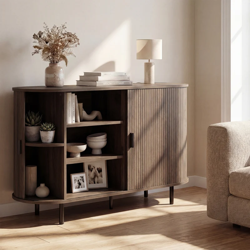 47 Inch Fluted Sideboard Buffet Cabinet, Tambour Sliding Doors, Walnut