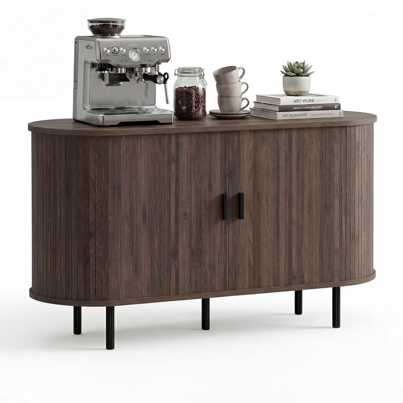 47 Inch Fluted Sideboard Buffet Cabinet, Tambour Sliding Doors, Walnut