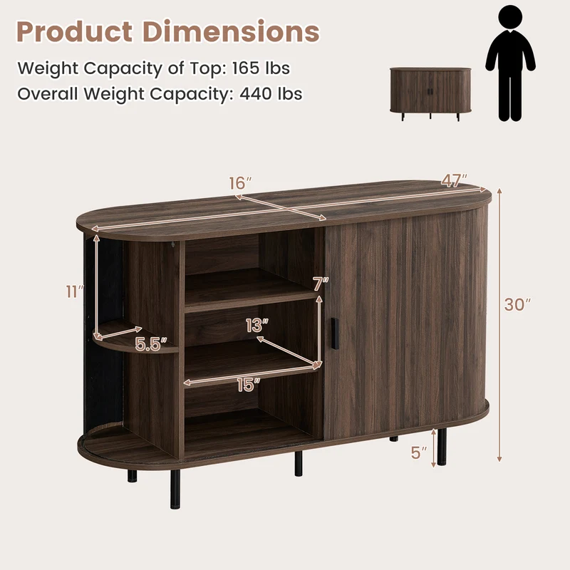 47 Inch Fluted Sideboard Buffet Cabinet, Tambour Sliding Doors, Walnut
