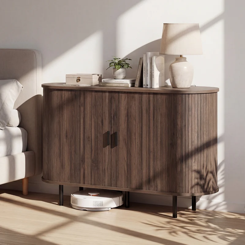 47 Inch Fluted Sideboard Buffet Cabinet, Tambour Sliding Doors, Walnut