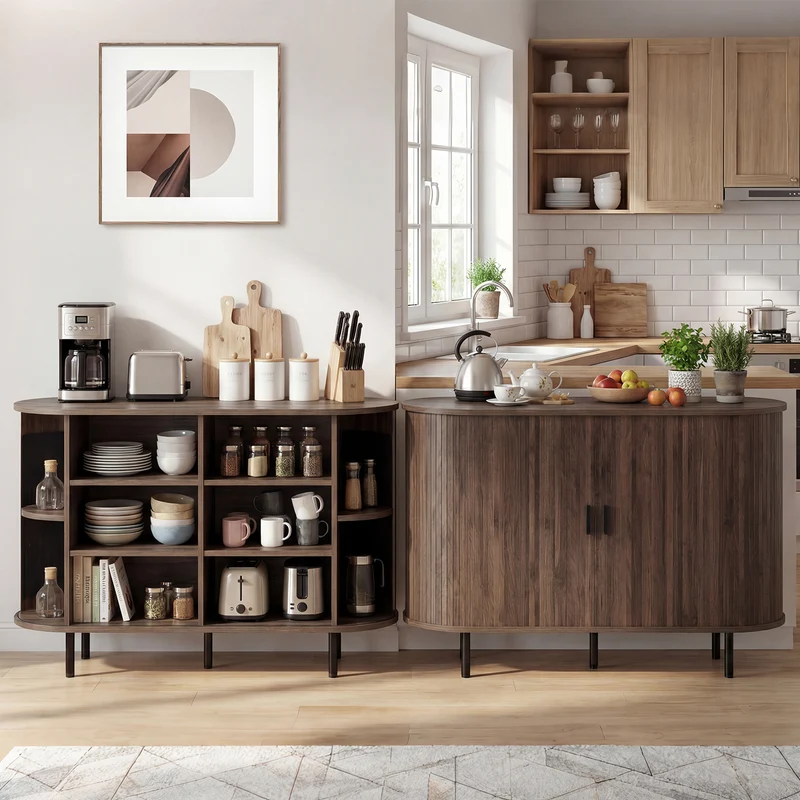 47 Inch Fluted Sideboard Buffet Cabinet, Tambour Sliding Doors, Walnut
