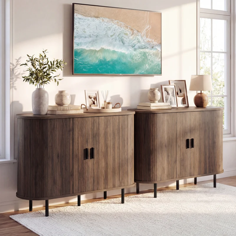 47 Inch Fluted Sideboard Buffet Cabinet, Tambour Sliding Doors, Walnut