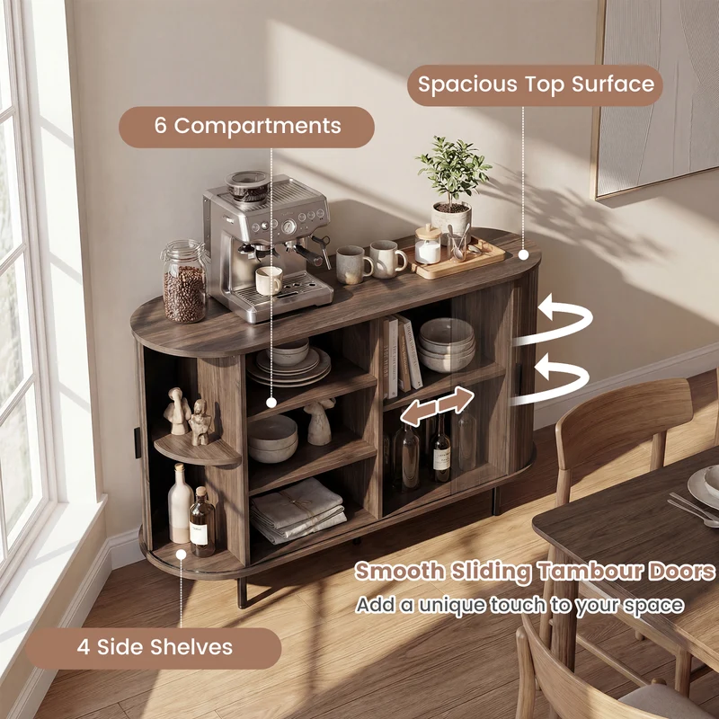 47 Inch Fluted Sideboard Buffet Cabinet, Tambour Sliding Doors, Walnut