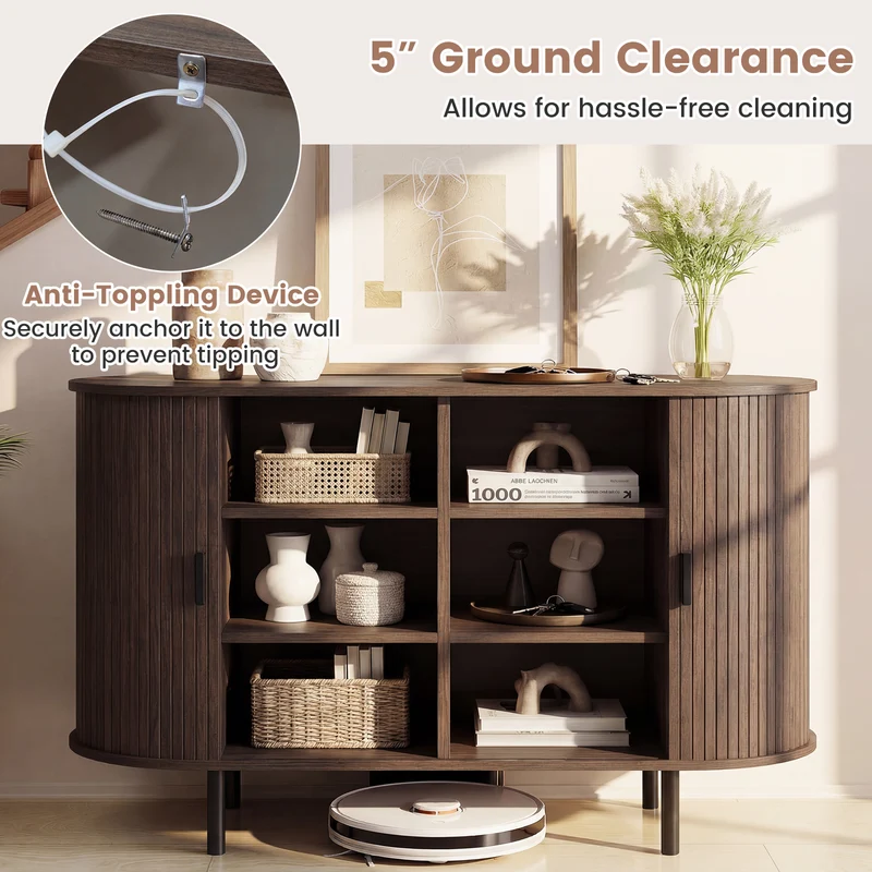 47 Inch Fluted Sideboard Buffet Cabinet, Tambour Sliding Doors, Walnut