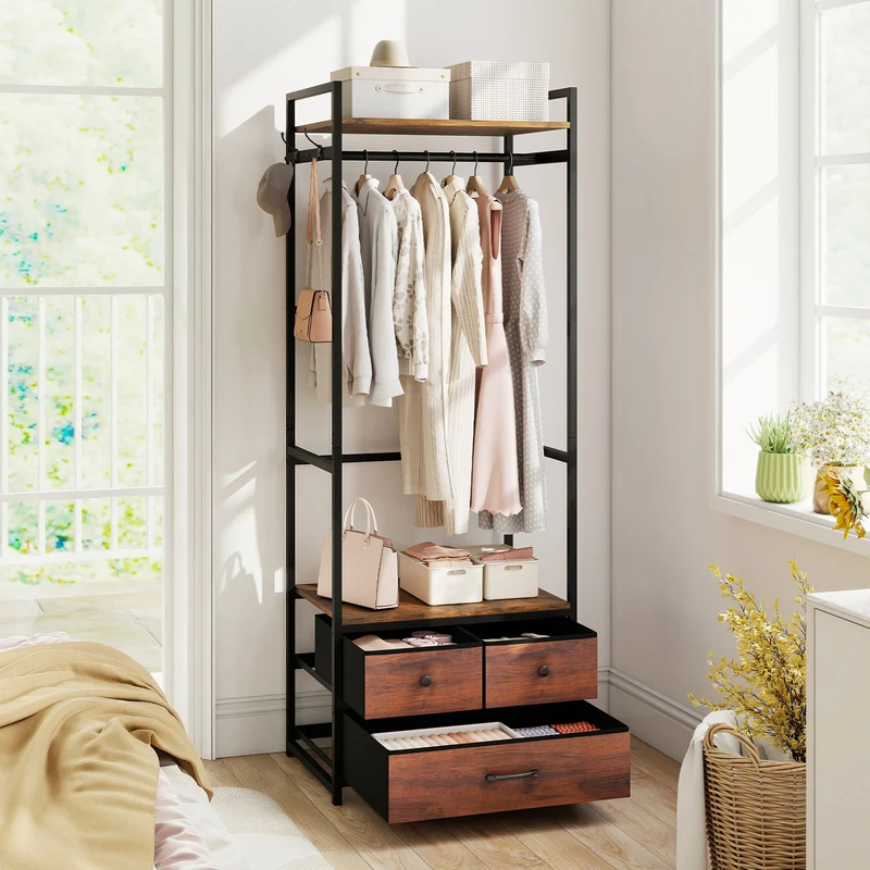Clothes Rack With Drawers, Shelves, Side Hooks, Metal Frame, Brown