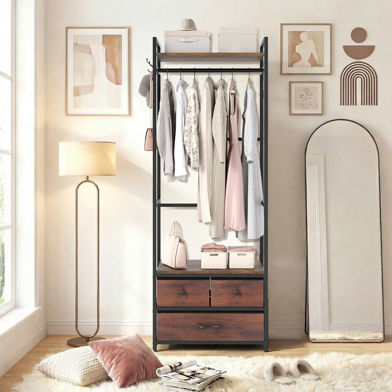 Clothes Rack With Drawers, Shelves, Side Hooks, Metal Frame, Brown