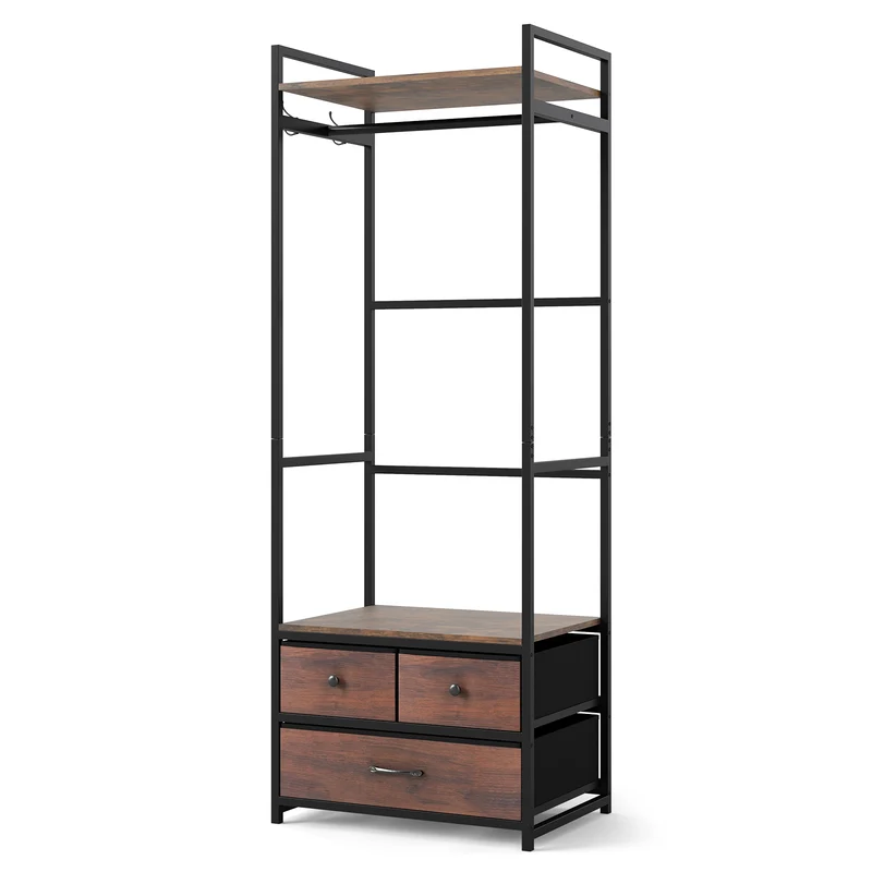 Clothes Rack With Drawers, Shelves, Side Hooks, Metal Frame, Brown