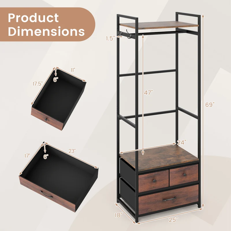 Clothes Rack With Drawers, Shelves, Side Hooks, Metal Frame, Brown