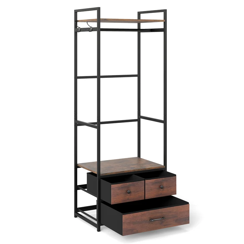 Clothes Rack With Drawers, Shelves, Side Hooks, Metal Frame, Brown