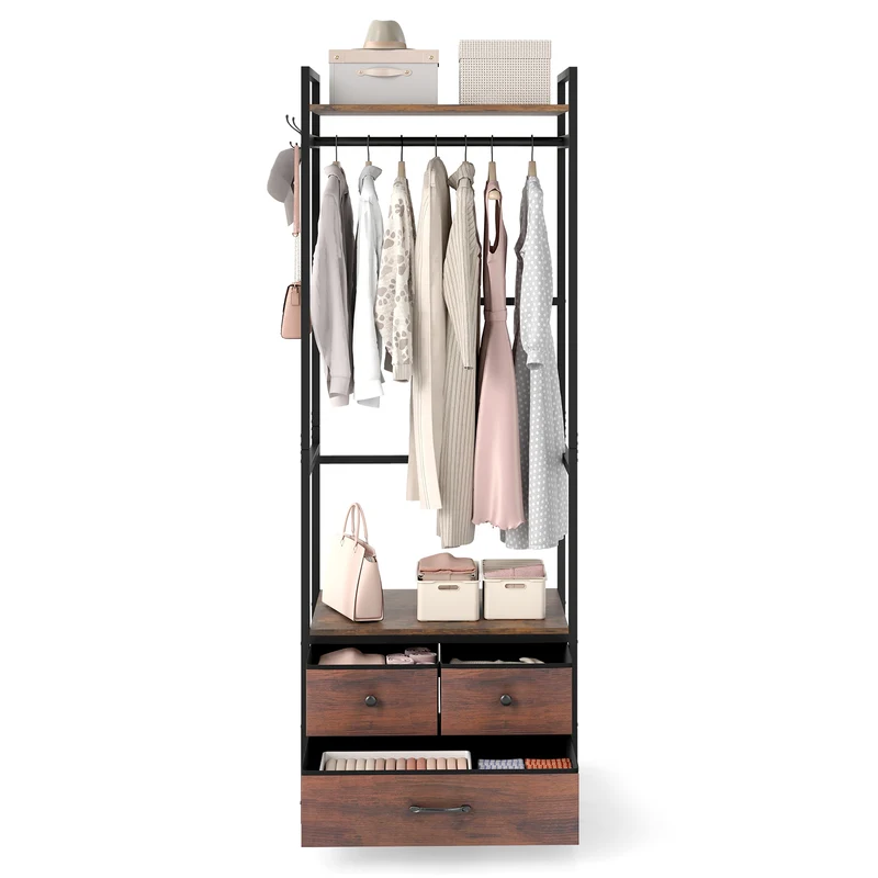 Clothes Rack With Drawers, Shelves, Side Hooks, Metal Frame, Brown