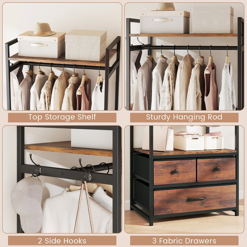 Clothes Rack With Drawers, Shelves, Side Hooks, Metal Frame, Brown
