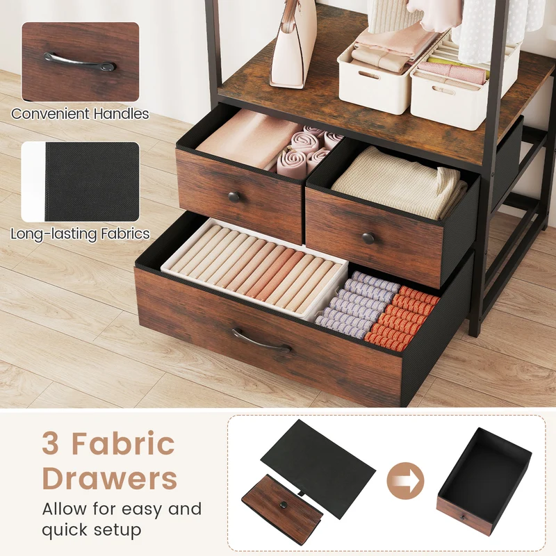 Clothes Rack With Drawers, Shelves, Side Hooks, Metal Frame, Brown