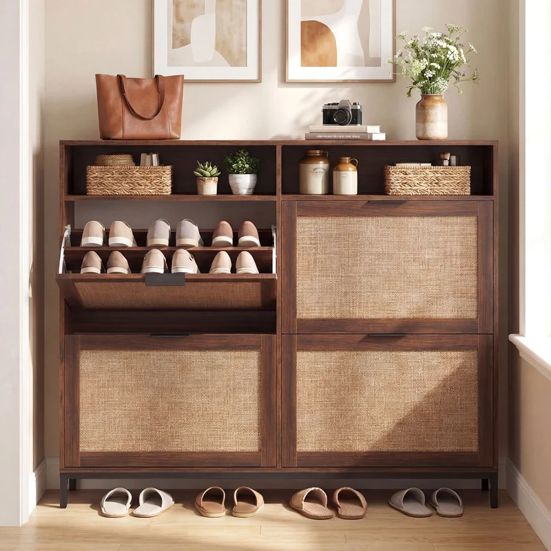 Shoe Storage Cabinet, 4 Flip Drawers, Adjustable Shelves, Natural