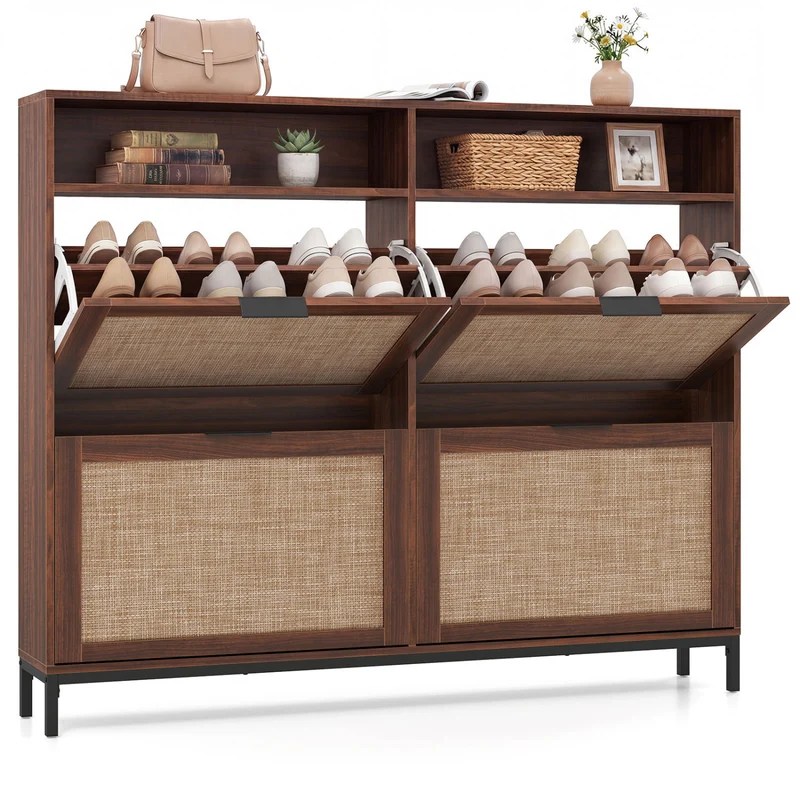 Shoe Storage Cabinet, 4 Flip Drawers, Adjustable Shelves, Natural