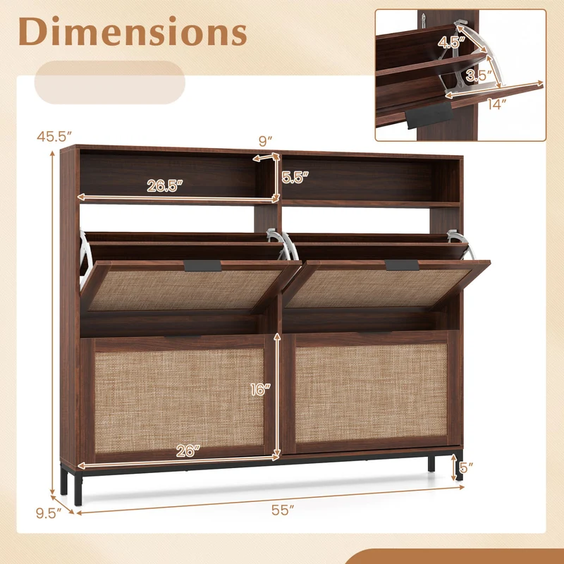 Shoe Storage Cabinet, 4 Flip Drawers, Adjustable Shelves, Natural