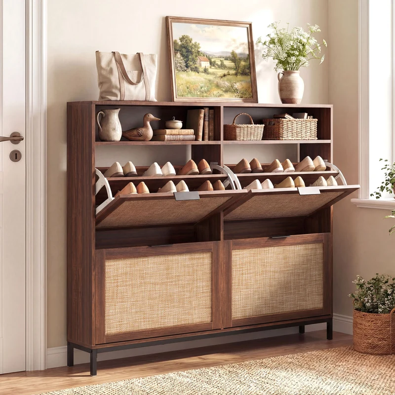 Shoe Storage Cabinet, 4 Flip Drawers, Adjustable Shelves, Natural