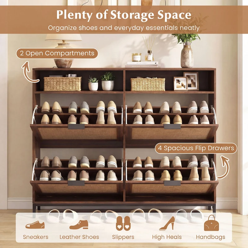 Shoe Storage Cabinet, 4 Flip Drawers, Adjustable Shelves, Natural