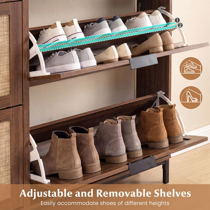 Shoe Storage Cabinet, 4 Flip Drawers, Adjustable Shelves, Natural