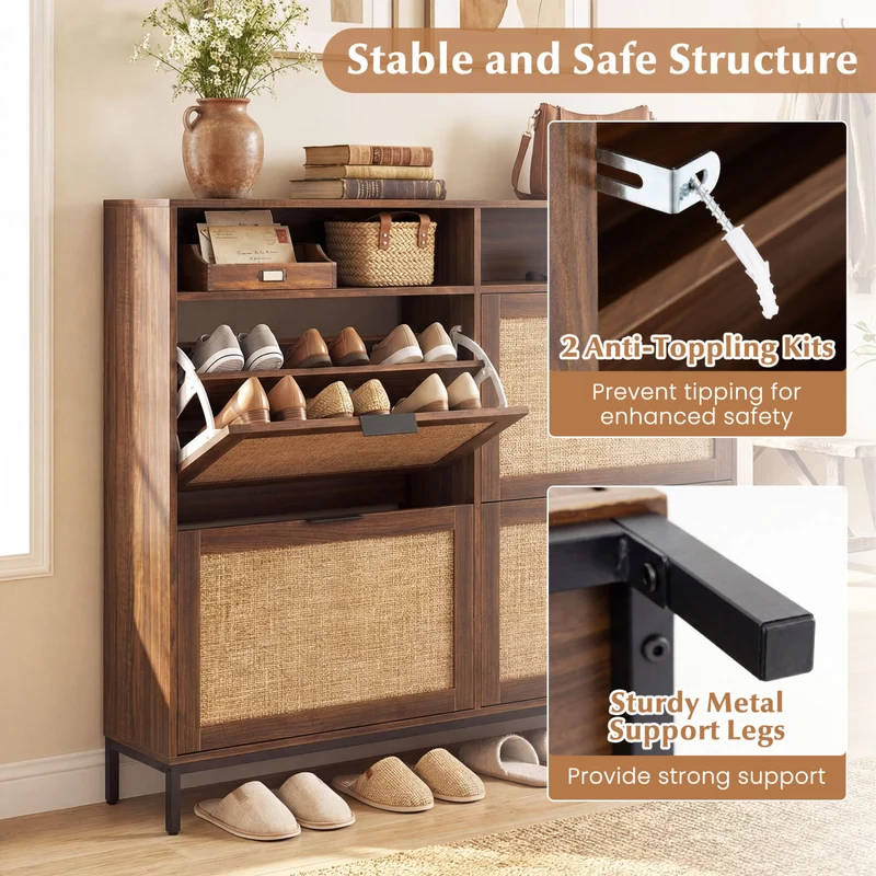 Shoe Storage Cabinet, 4 Flip Drawers, Adjustable Shelves, Natural
