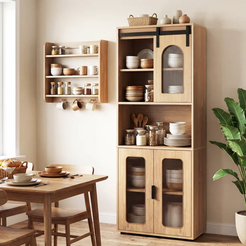 Farmhouse Bathroom Floor Cabinet, Sliding Barn Door, Natural