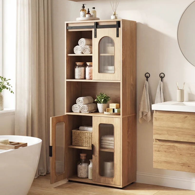 Farmhouse Bathroom Floor Cabinet, Sliding Barn Door, Natural