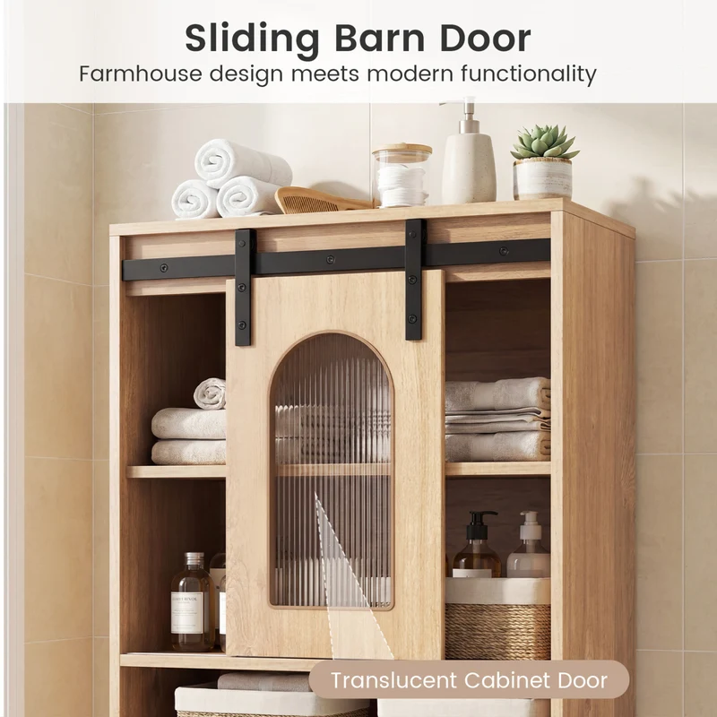 Farmhouse Bathroom Floor Cabinet, Sliding Barn Door, Natural