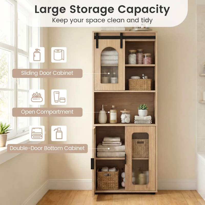 Farmhouse Bathroom Floor Cabinet, Sliding Barn Door, Natural
