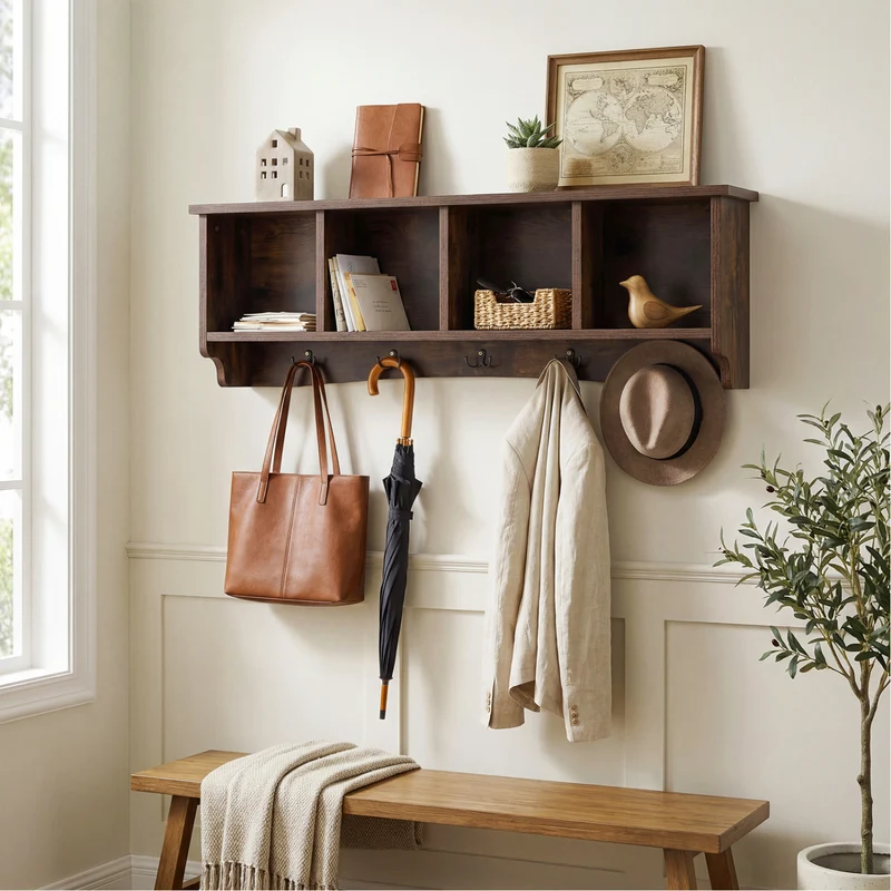 Hanging Entryway Shelf Coat Rack, Wall Mounted Storage Cabinet, Brown