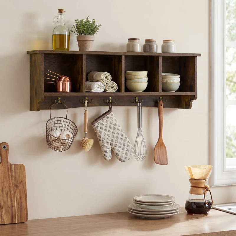 Hanging Entryway Shelf Coat Rack, Wall Mounted Storage Cabinet, Brown