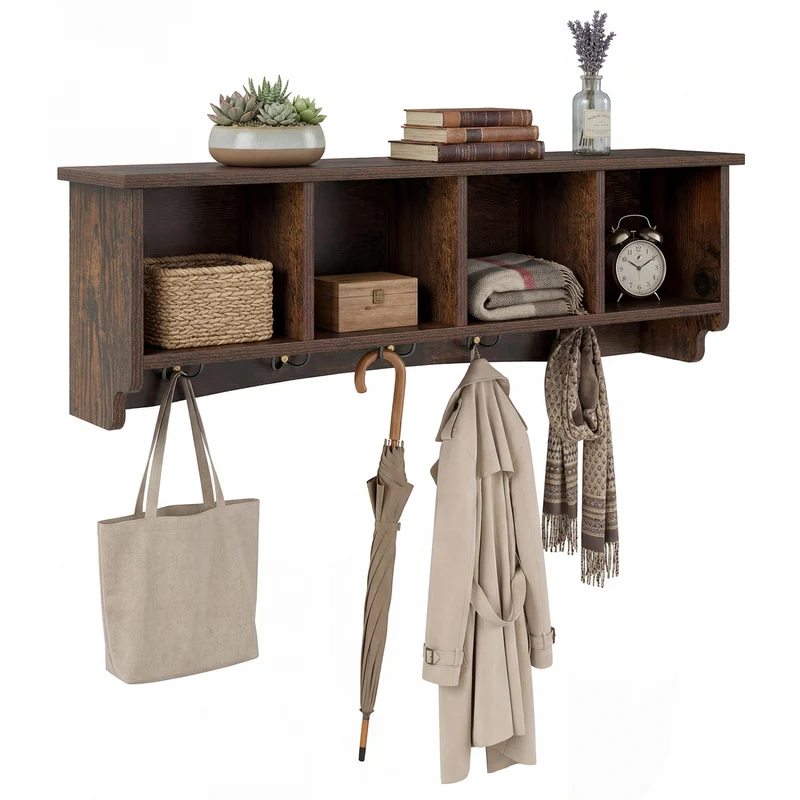 Hanging Entryway Shelf Coat Rack, Wall Mounted Storage Cabinet, Brown