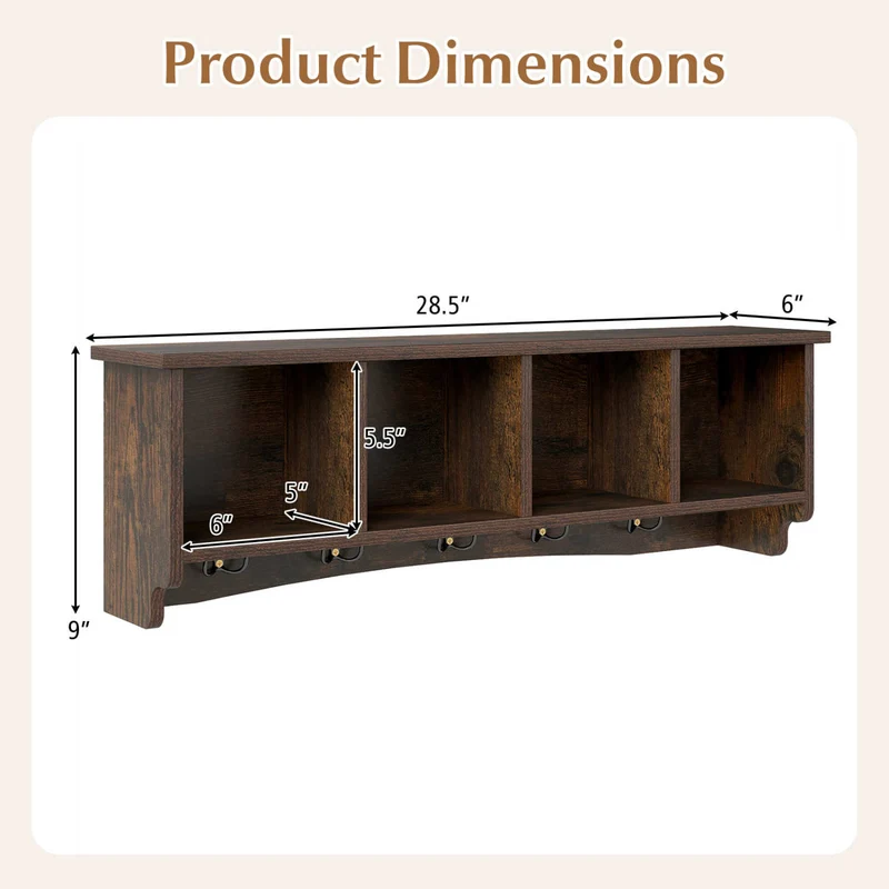 Hanging Entryway Shelf Coat Rack, Wall Mounted Storage Cabinet, Brown