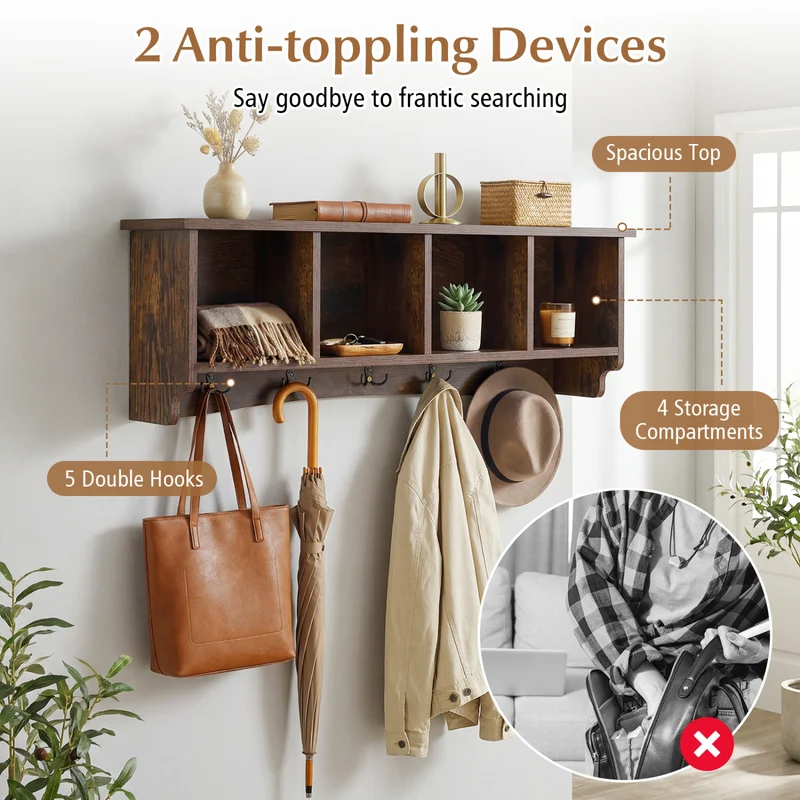 Hanging Entryway Shelf Coat Rack, Wall Mounted Storage Cabinet, Brown