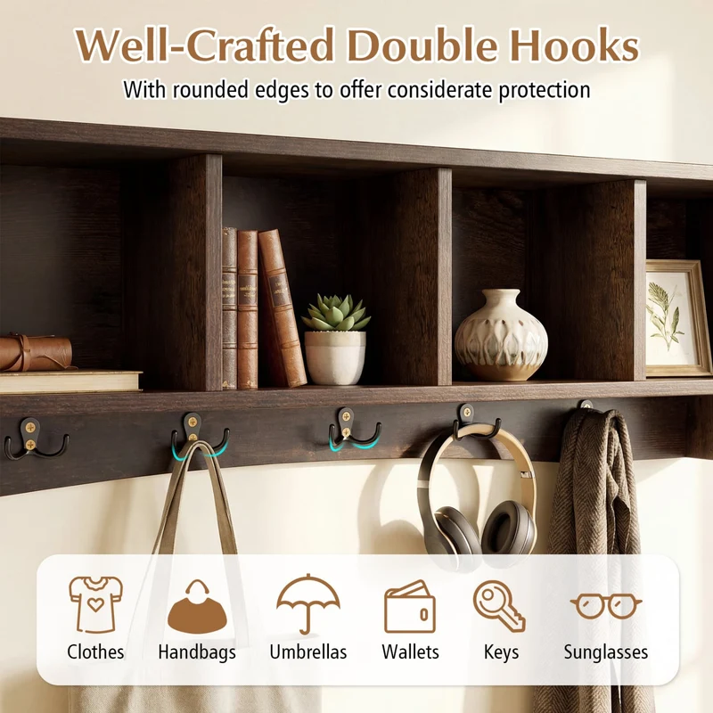 Hanging Entryway Shelf Coat Rack, Wall Mounted Storage Cabinet, Brown