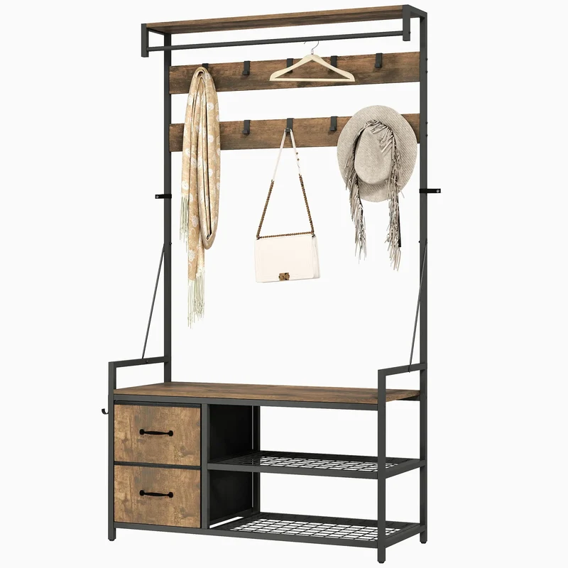 6-In-1 Hall Tree, Bench with Shoe Storage, 10 Hooks, 2 Fabric Drawers, Rustic Brown