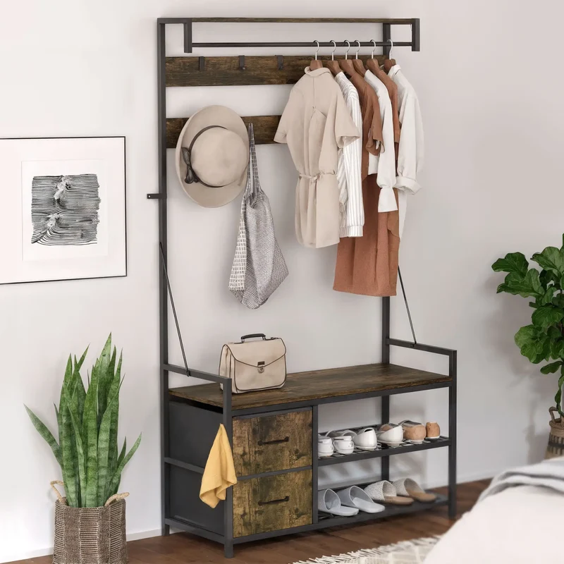 6-In-1 Hall Tree, Bench with Shoe Storage, 10 Hooks, 2 Fabric Drawers, Rustic Brown