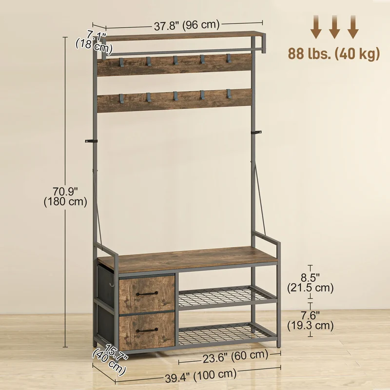 6-In-1 Hall Tree, Bench with Shoe Storage, 10 Hooks, 2 Fabric Drawers, Rustic Brown