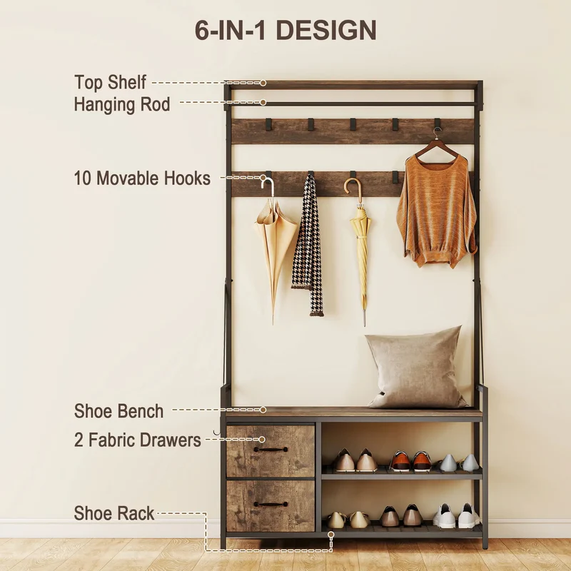 6-In-1 Hall Tree, Bench with Shoe Storage, 10 Hooks, 2 Fabric Drawers, Rustic Brown