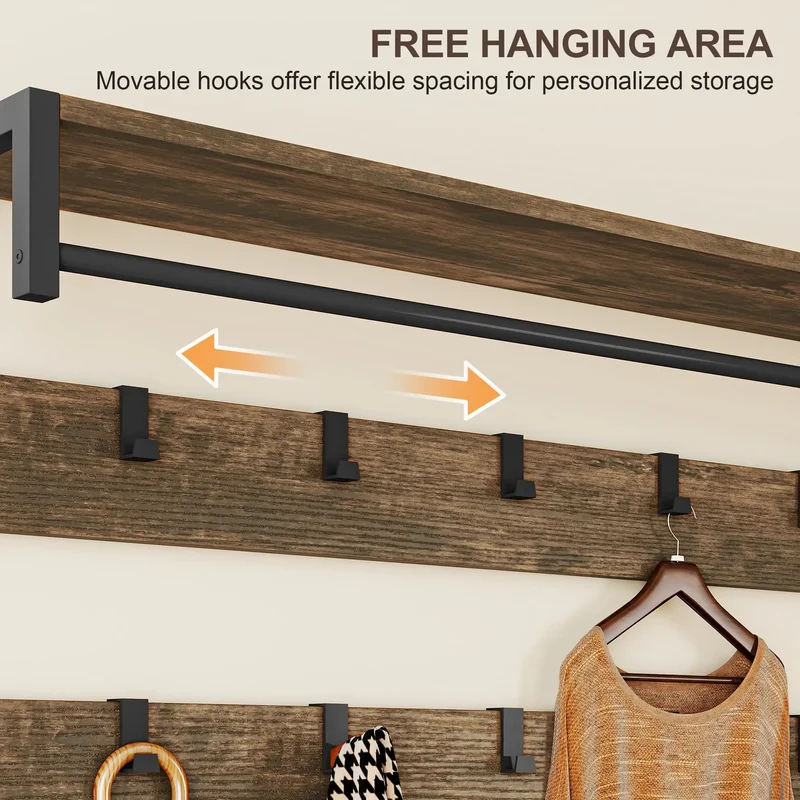 6-In-1 Hall Tree, Bench with Shoe Storage, 10 Hooks, 2 Fabric Drawers, Rustic Brown