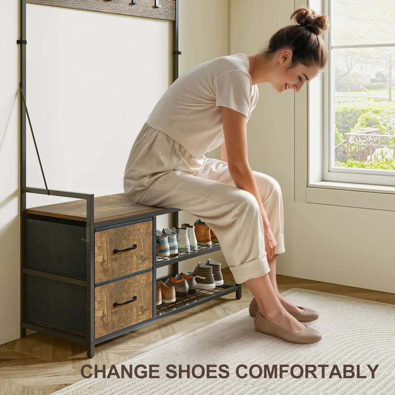 6-In-1 Hall Tree, Bench with Shoe Storage, 10 Hooks, 2 Fabric Drawers, Rustic Brown