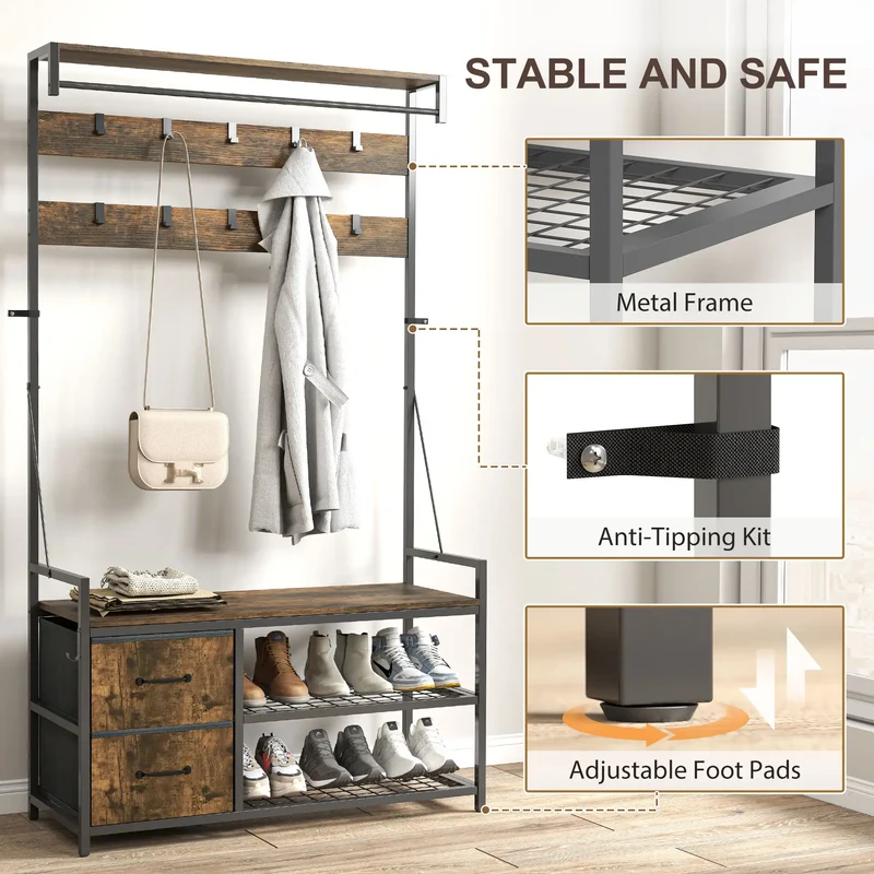 6-In-1 Hall Tree, Bench with Shoe Storage, 10 Hooks, 2 Fabric Drawers, Rustic Brown